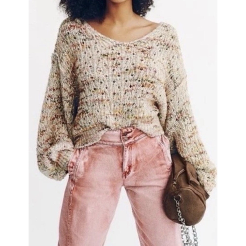 Free‎ People Highland Chunky Knit Oversized V-Neck Mendocino Combo Sweater Sz XS
